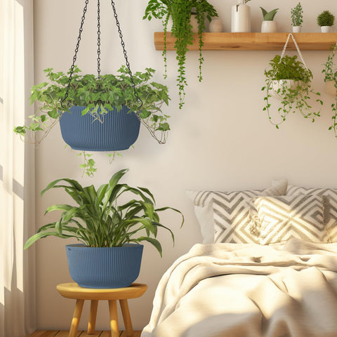T4U blue hanging planter enhances windows, porches, and garden spaces.