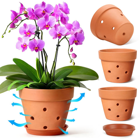 T4U orchid pot 6inch set of four with side view, porous terracotta improves airflow