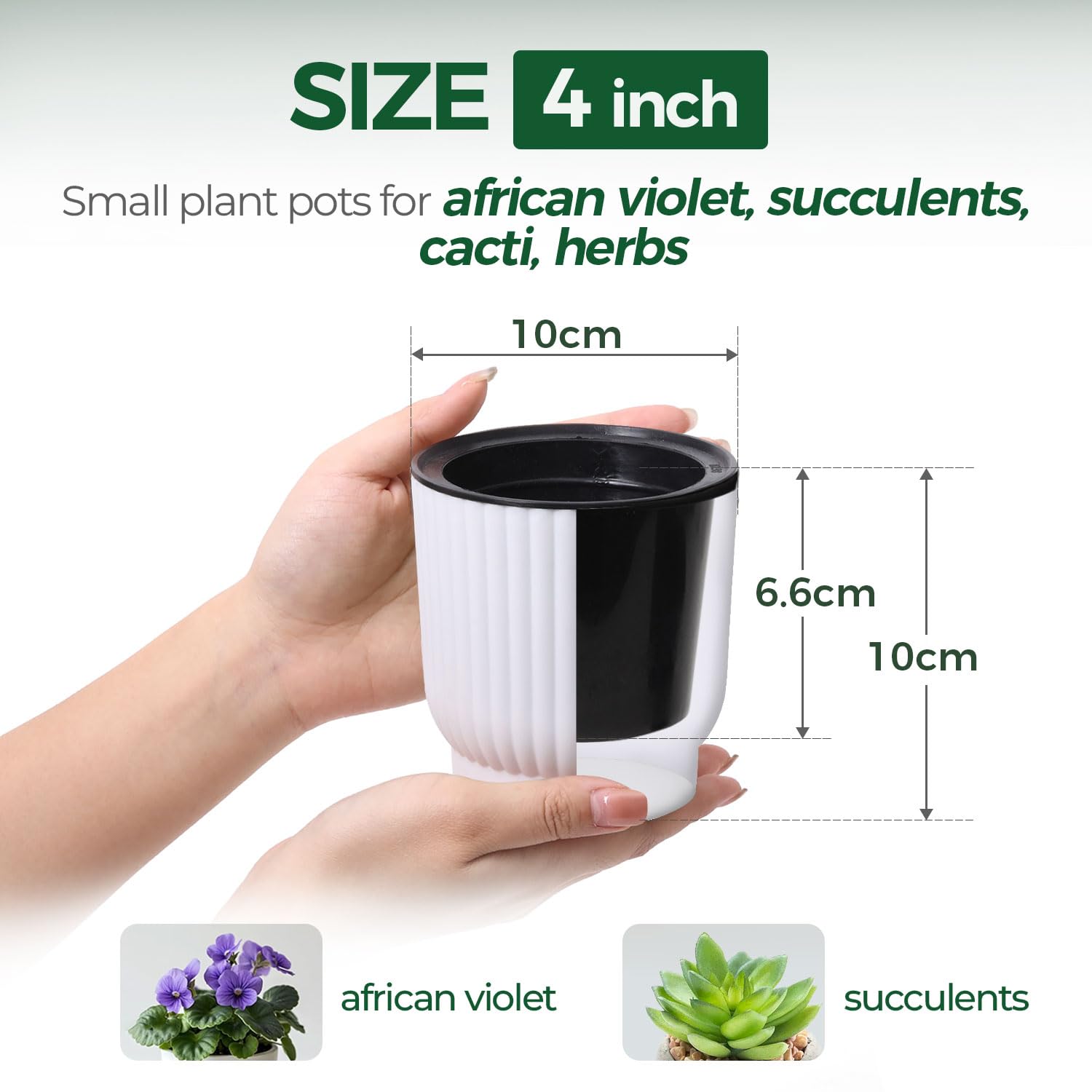 T4U white self-watering pot front view, compact design for small spaces