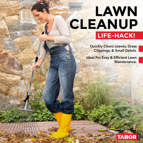 TABOR TOOLS adjustable rake demonstrates easy storage with a compact 32 inch collapsed size.