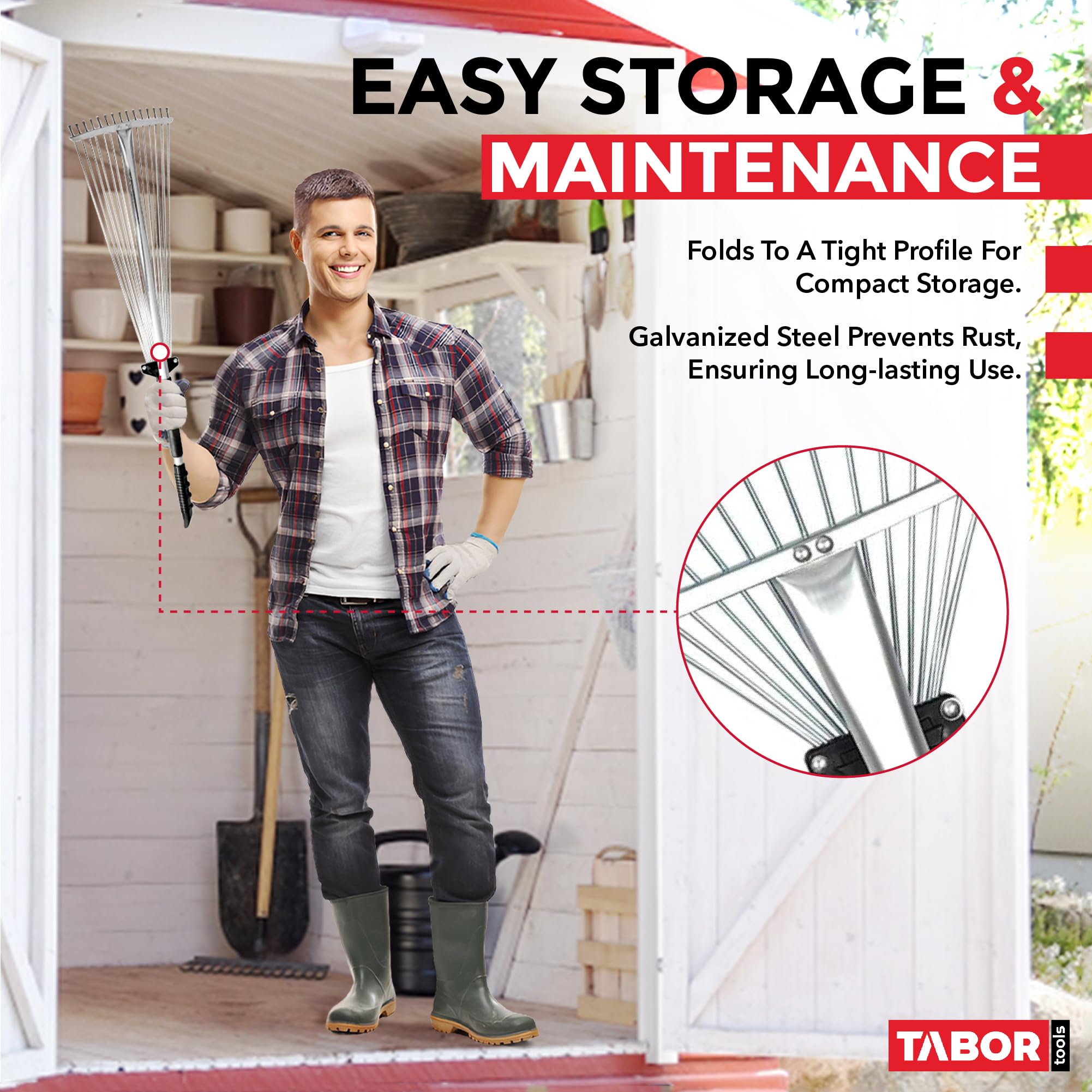 TABOR TOOLS adjustable rake is ideal for leaves and small debris around shrubs.