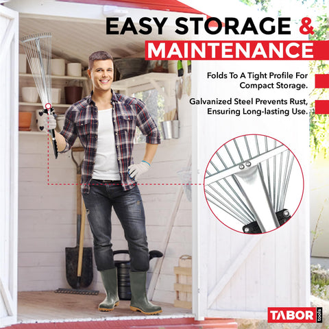 TABOR TOOLS adjustable rake is ideal for leaves and small debris around shrubs.