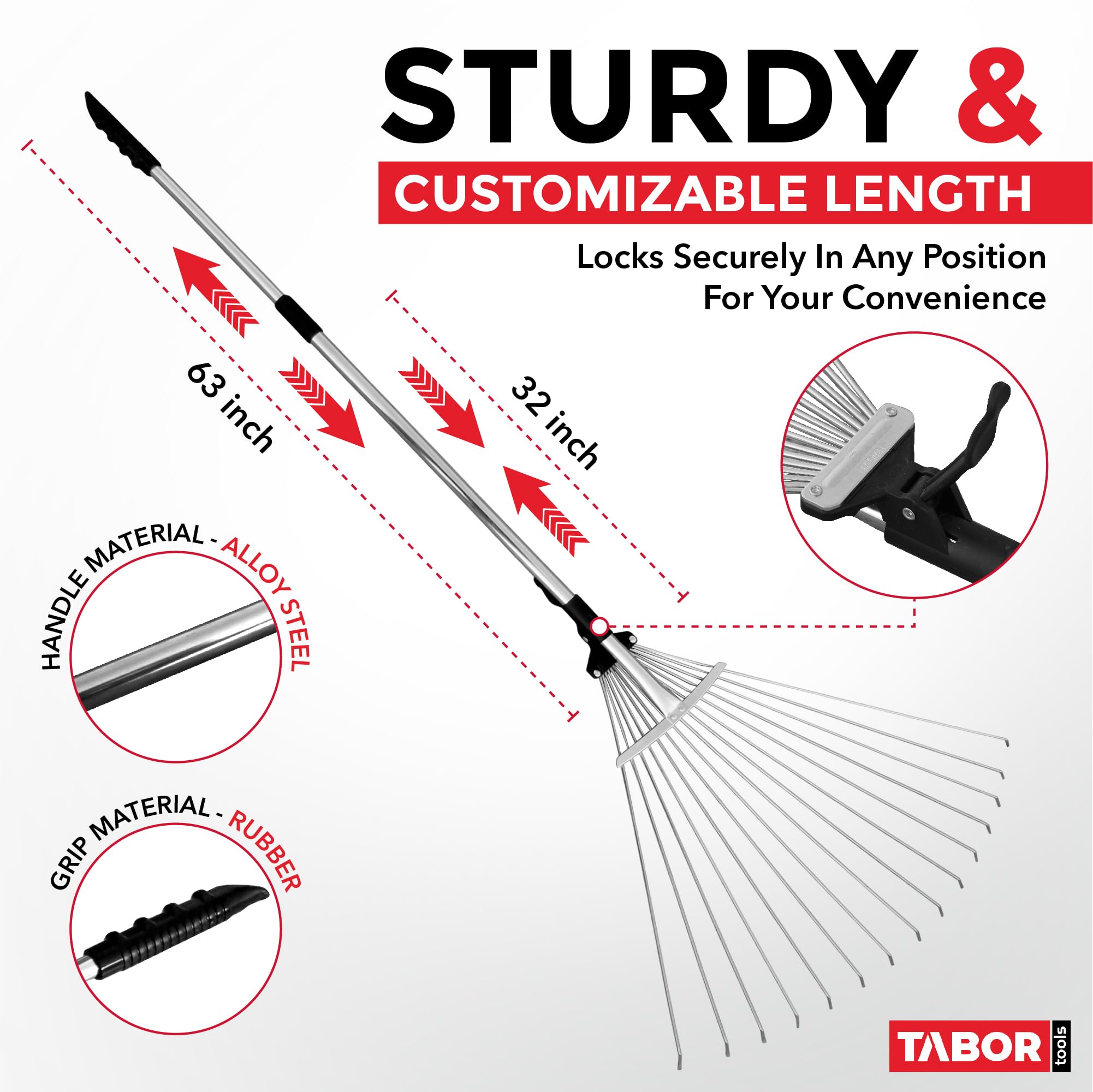 TABOR TOOLS adjustable rake with telescopic handle reaches under hedges without harming plants.