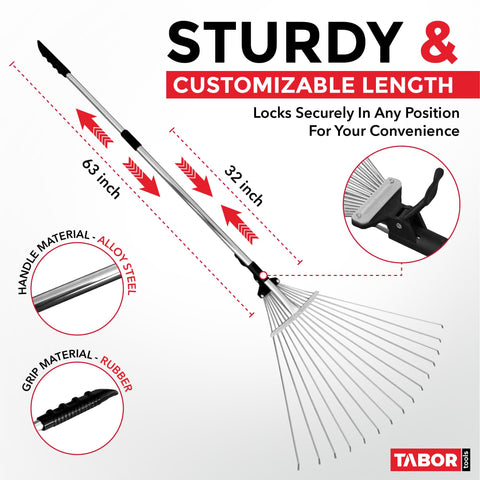 TABOR TOOLS adjustable rake with telescopic handle reaches under hedges without harming plants.