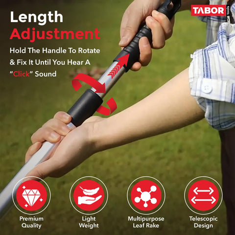 TABOR TOOLS adjustable rake features galvanized steel teeth for rust resistance and longevity.