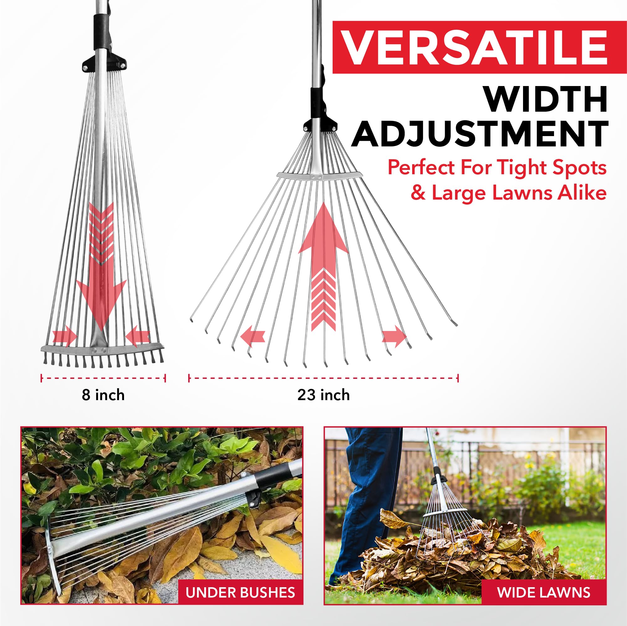 TABOR TOOLS adjustable rake shows 8 to 23 inch width for versatile debris pickup.