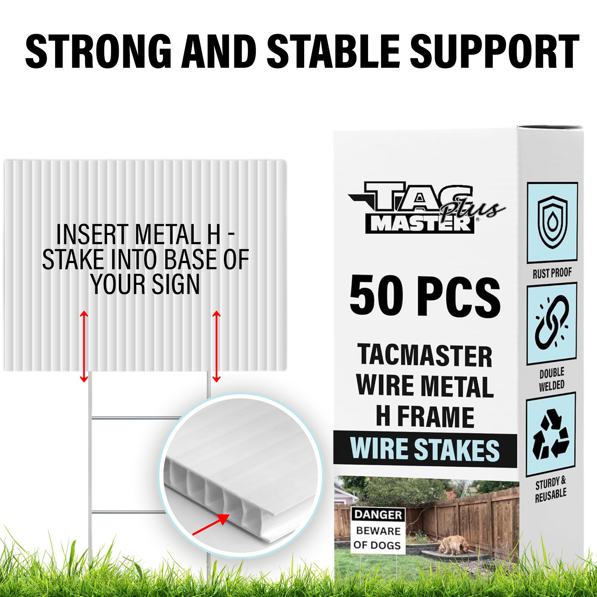 Tacmaster Plus 50-pack yard sign stakes for bulk orders.