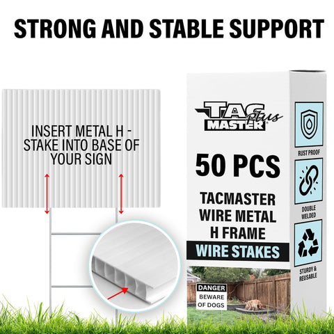 Tacmaster Plus 50-pack yard sign stakes for bulk orders.
