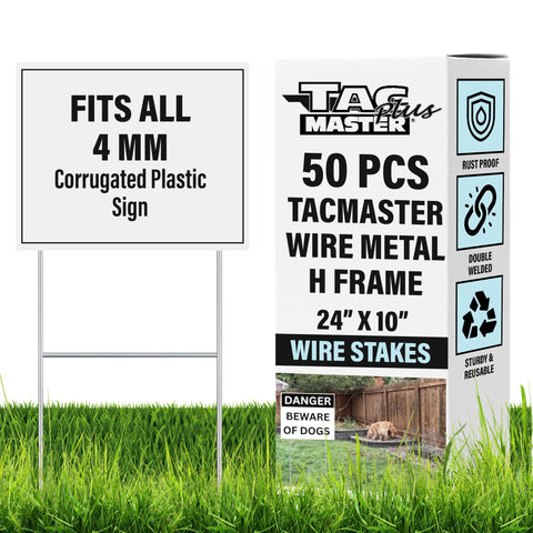 Tacmaster Plus yard sign stake highlights durable metal construction for long-lasting outdoor use.