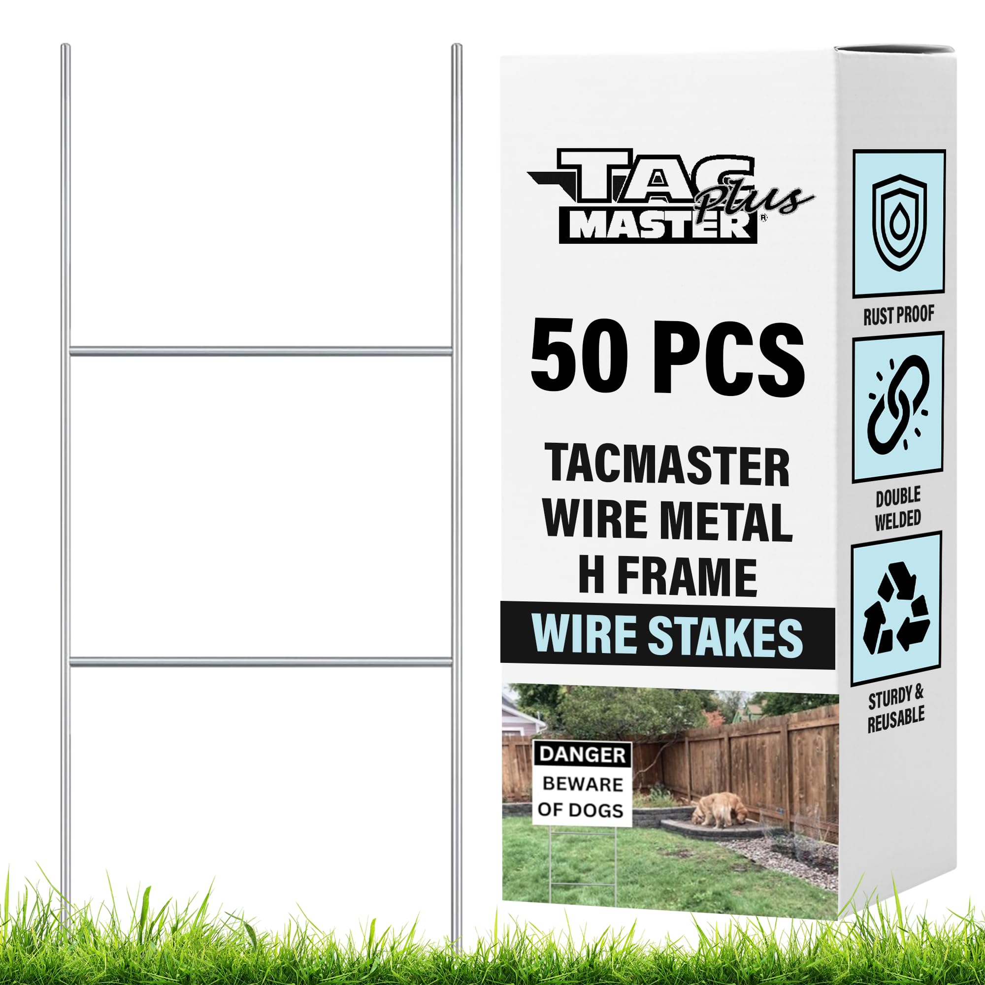 Tacmaster Plus H-stake ground insertion for stable outdoor yard signs.