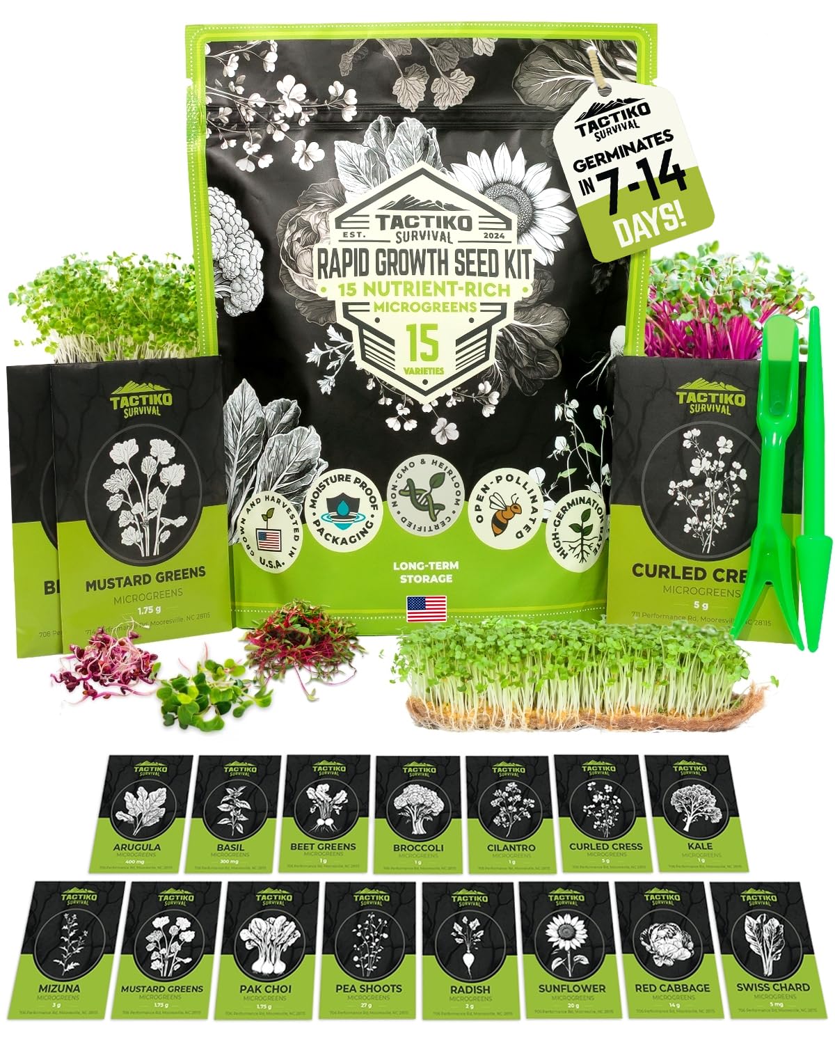 Tactiko Survival rapid growth seed kit pouch protects seeds from moisture and pests.