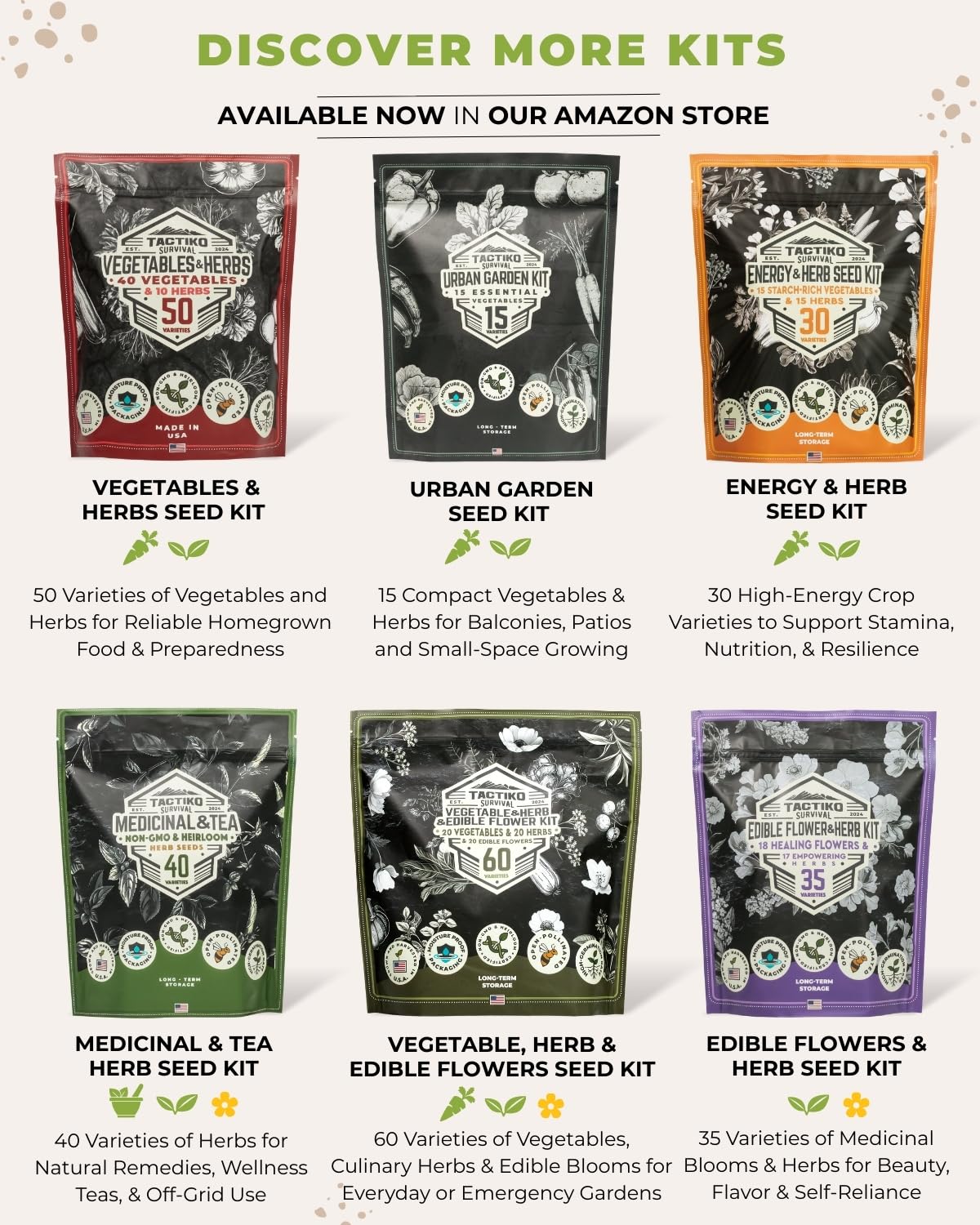 Tactiko Survival seeds suited for indoor sprouts, soil, containers, or hydroponics.
