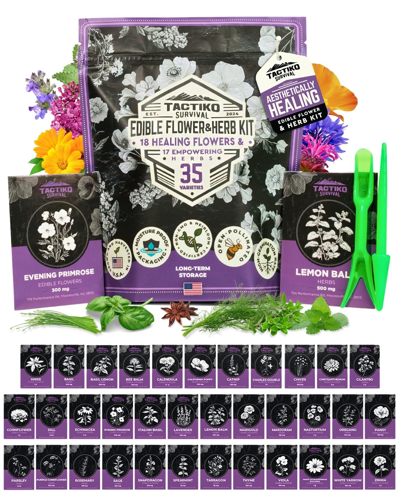 Tactiko Survival 35-varieties seed kit front view for home gardening.
