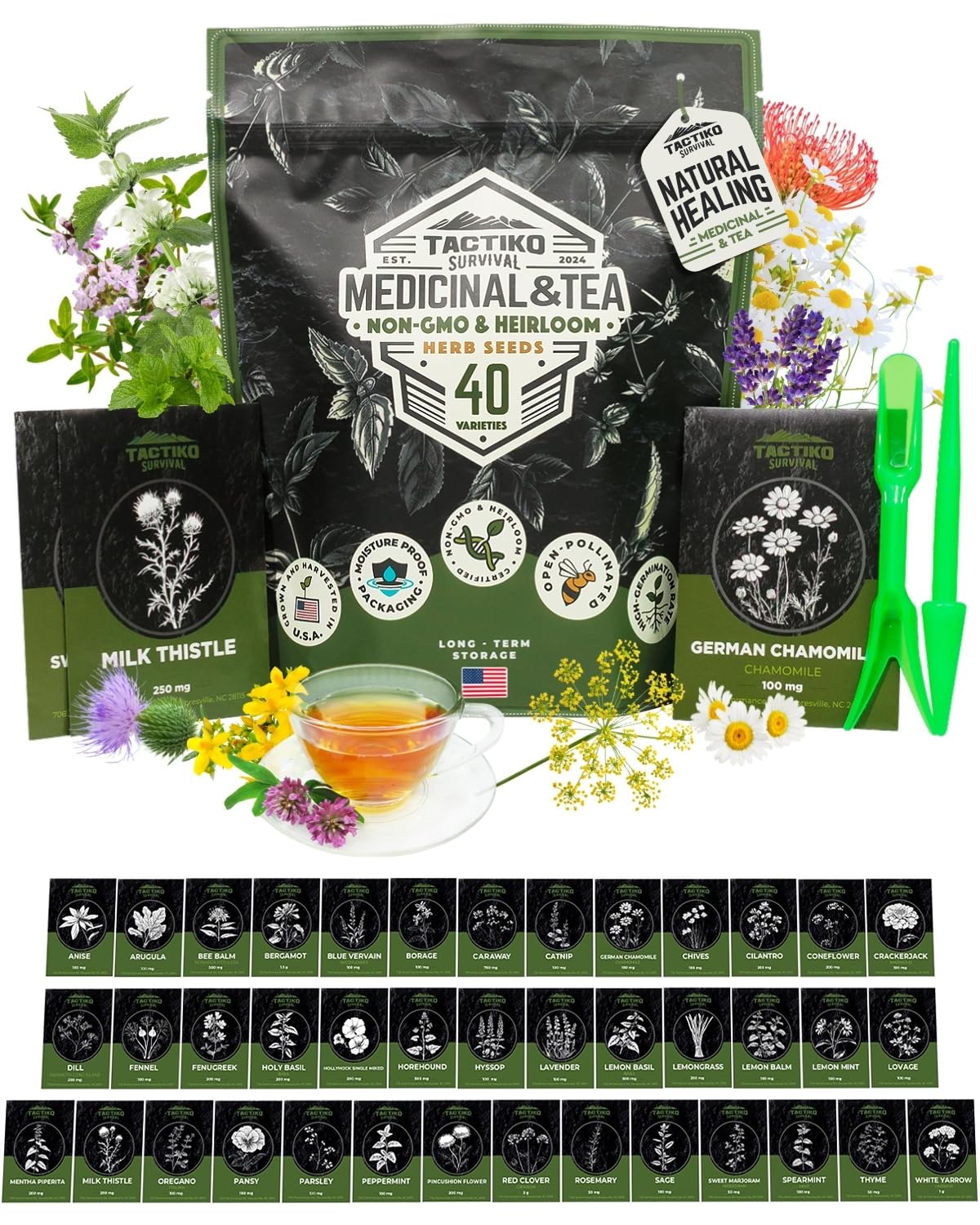 Tactiko Survival 40-seed pack variety table: diverse herbs for teas and cooking
