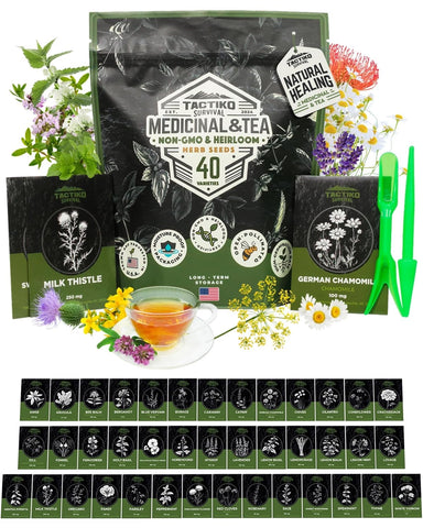 Tactiko Survival 40-seed pack variety table: diverse herbs for teas and cooking