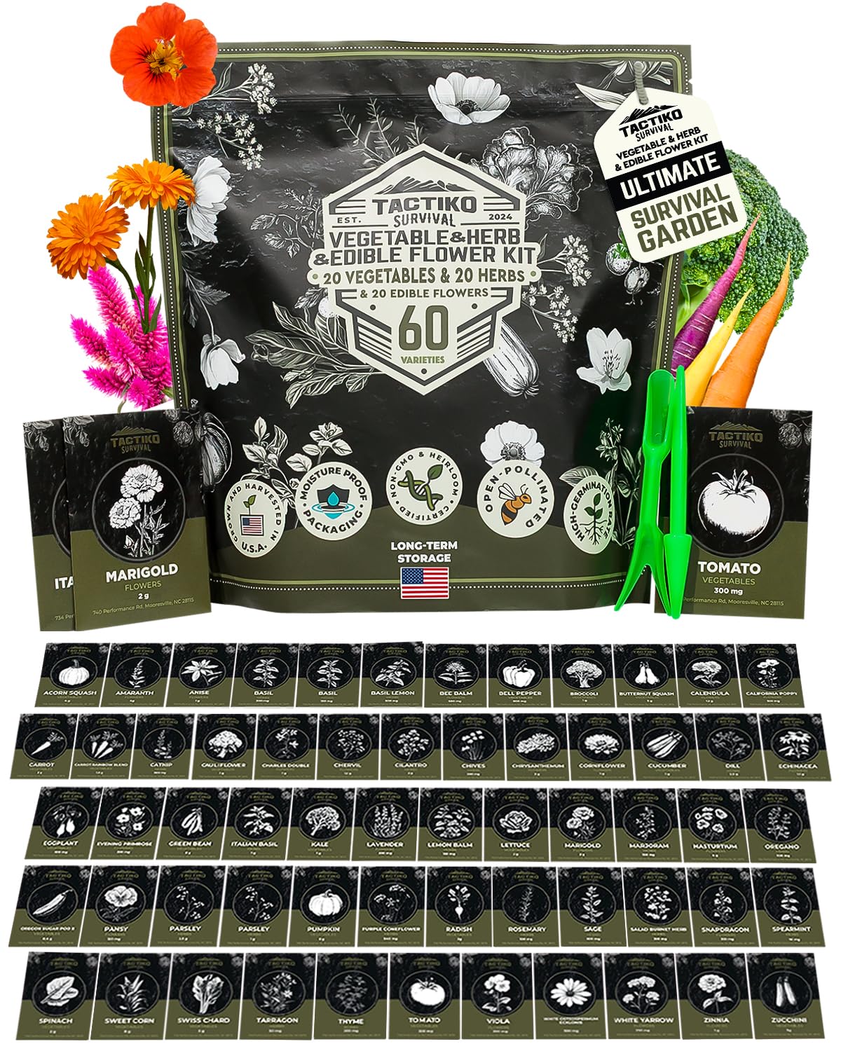 Tactiko Survival 60-seed packets neatly labeled for fast home gardening