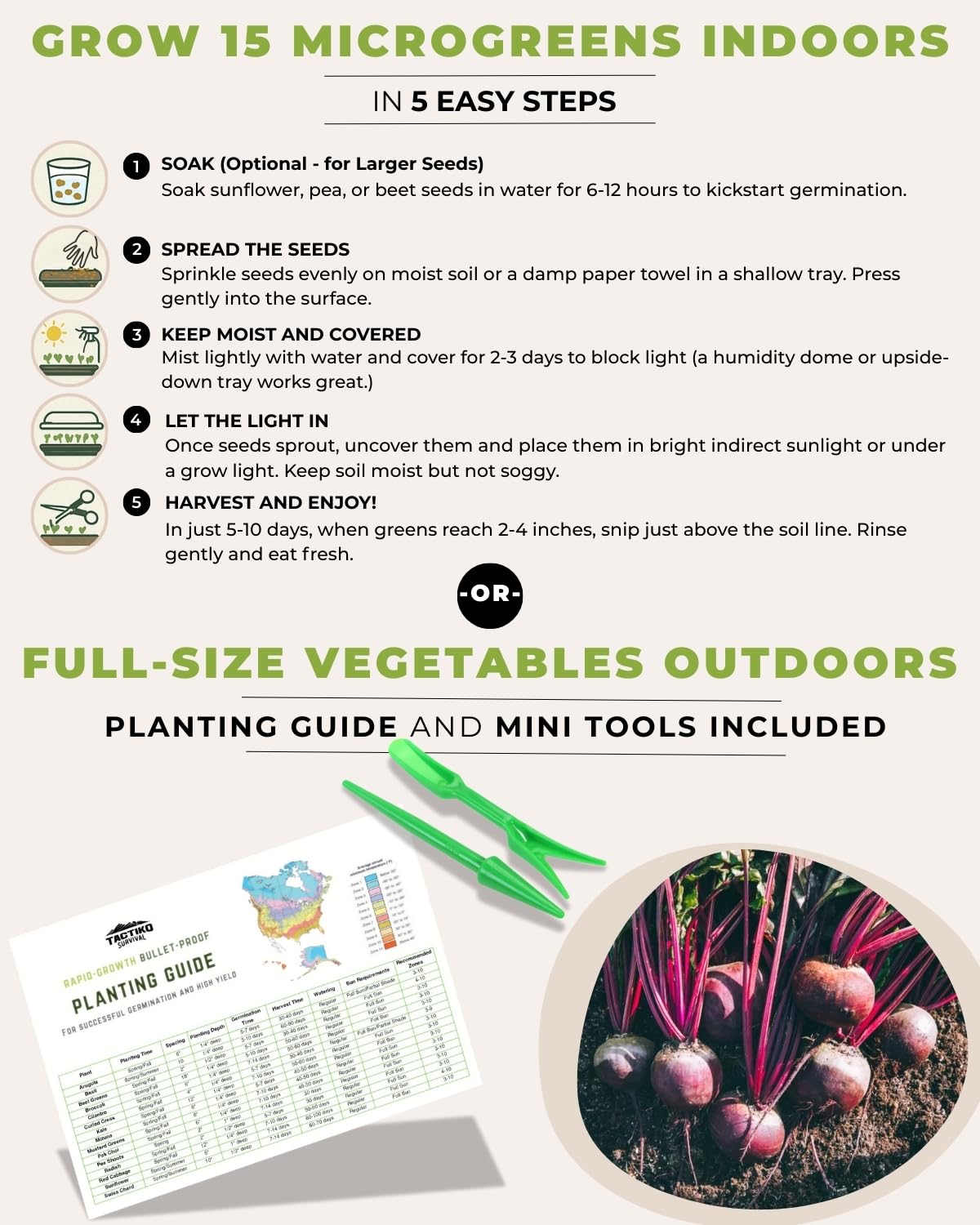 Tactiko Survival seed varieties housed in a reusable pouch for quick microgreen sprouting.