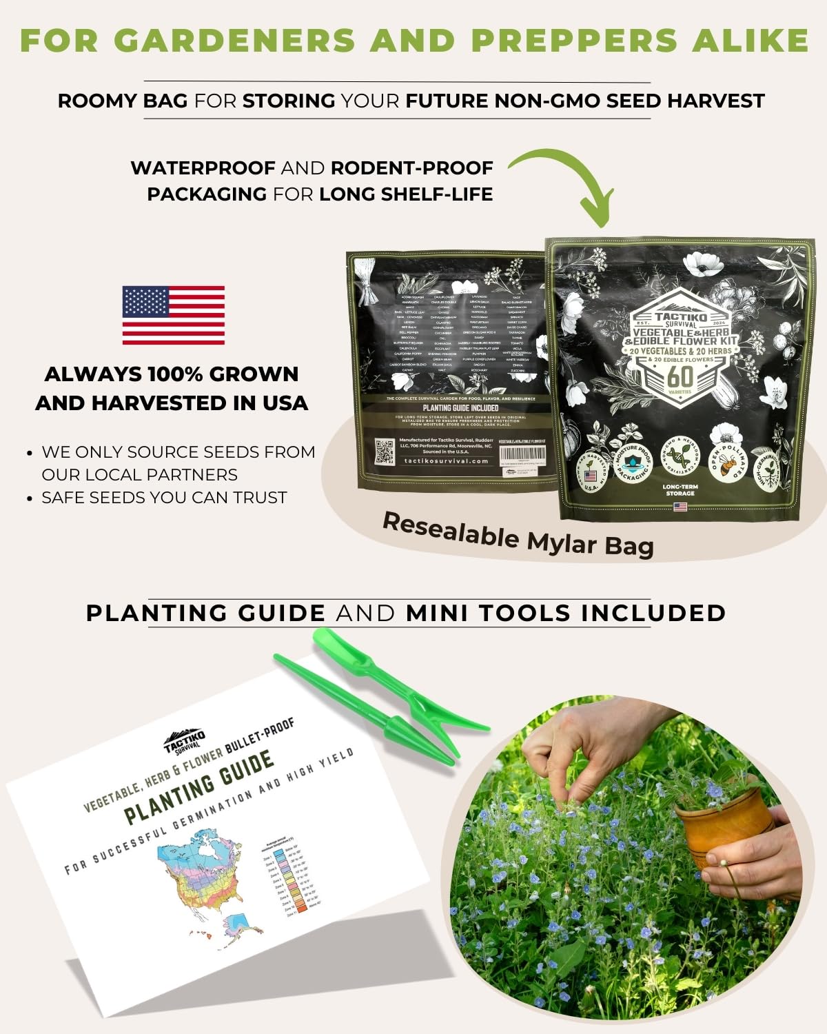 Tactiko Survival USA-grown heirloom seeds emphasizing non-GMO quality