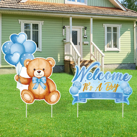 TagreSpike blue bear yard sign with stakes, weatherproof for outdoor gender reveals.