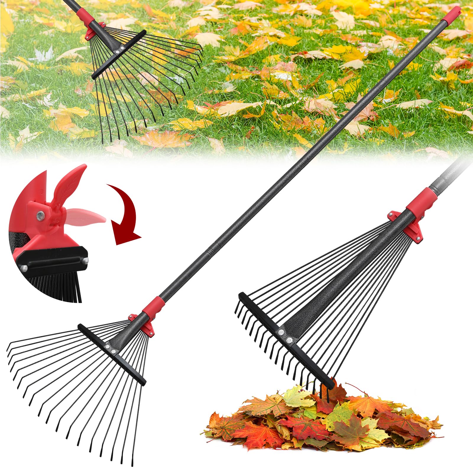 TAILERNRUYE 61-Inch Adjustable Leaf Rake with 18 metal tines for efficient leaf collection