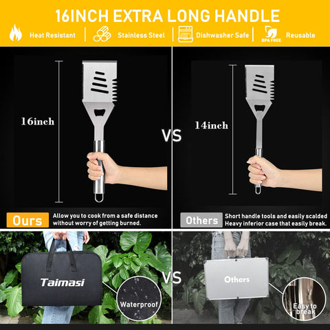 Taimasi long-handled grill tools ready for precise turning and flipping