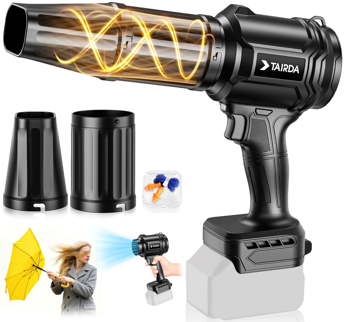 TAIRDA brushless cordless leaf blower with DeWalt 20V compatibility and secure attachment.