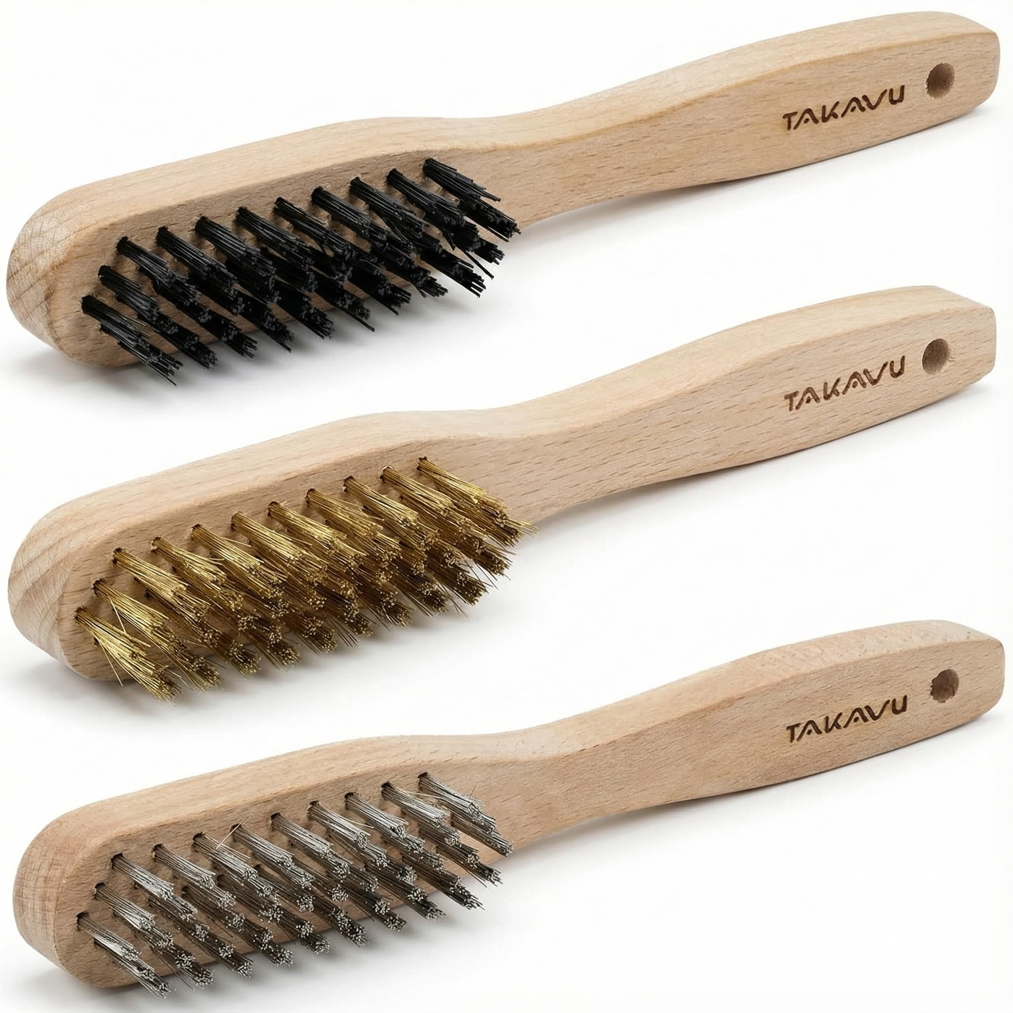 TAKAVU 3pc wood-handle wire brush set for versatile cleaning on tough surfaces.