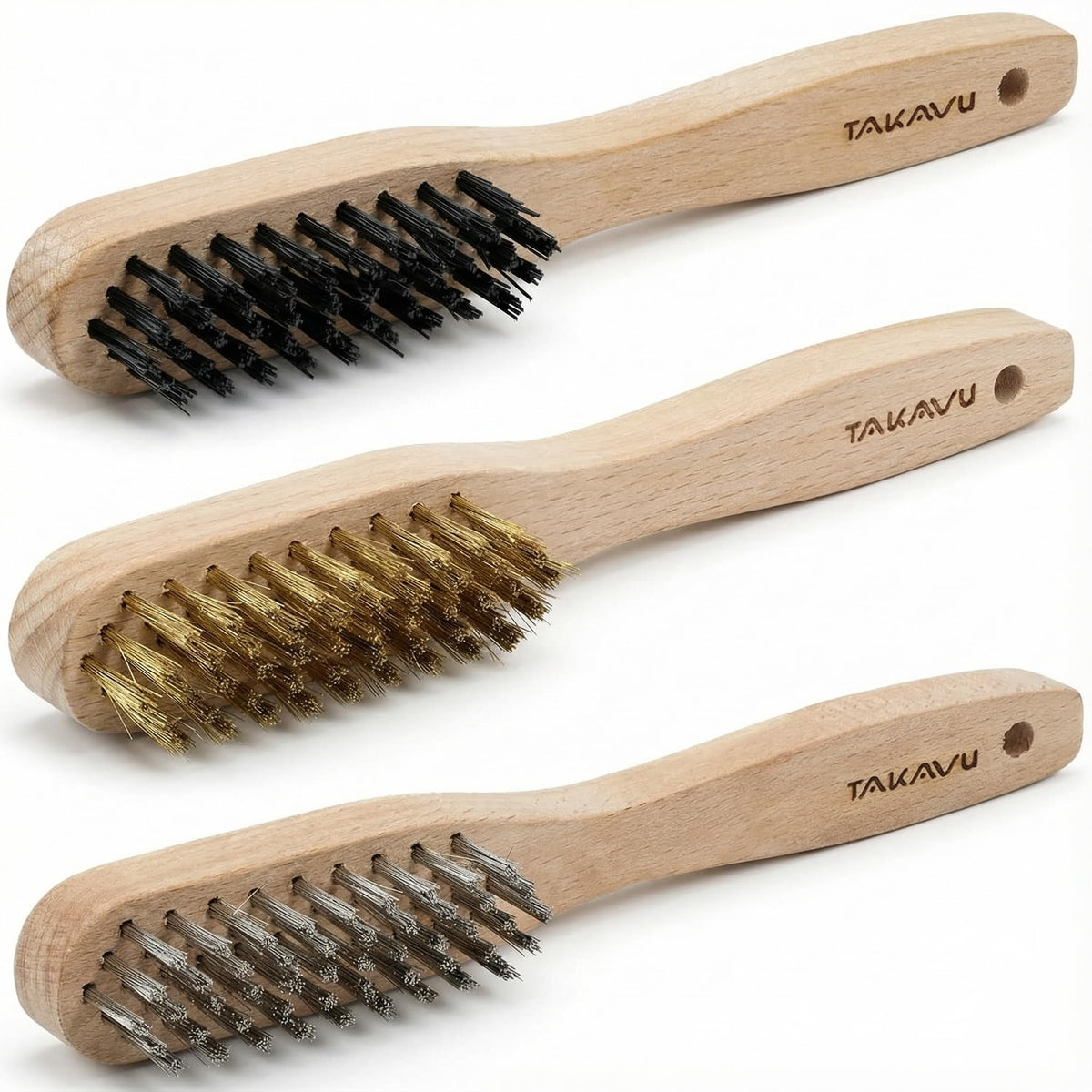 TAKAVU 3pc wood-handle wire brush set for versatile cleaning on tough surfaces.