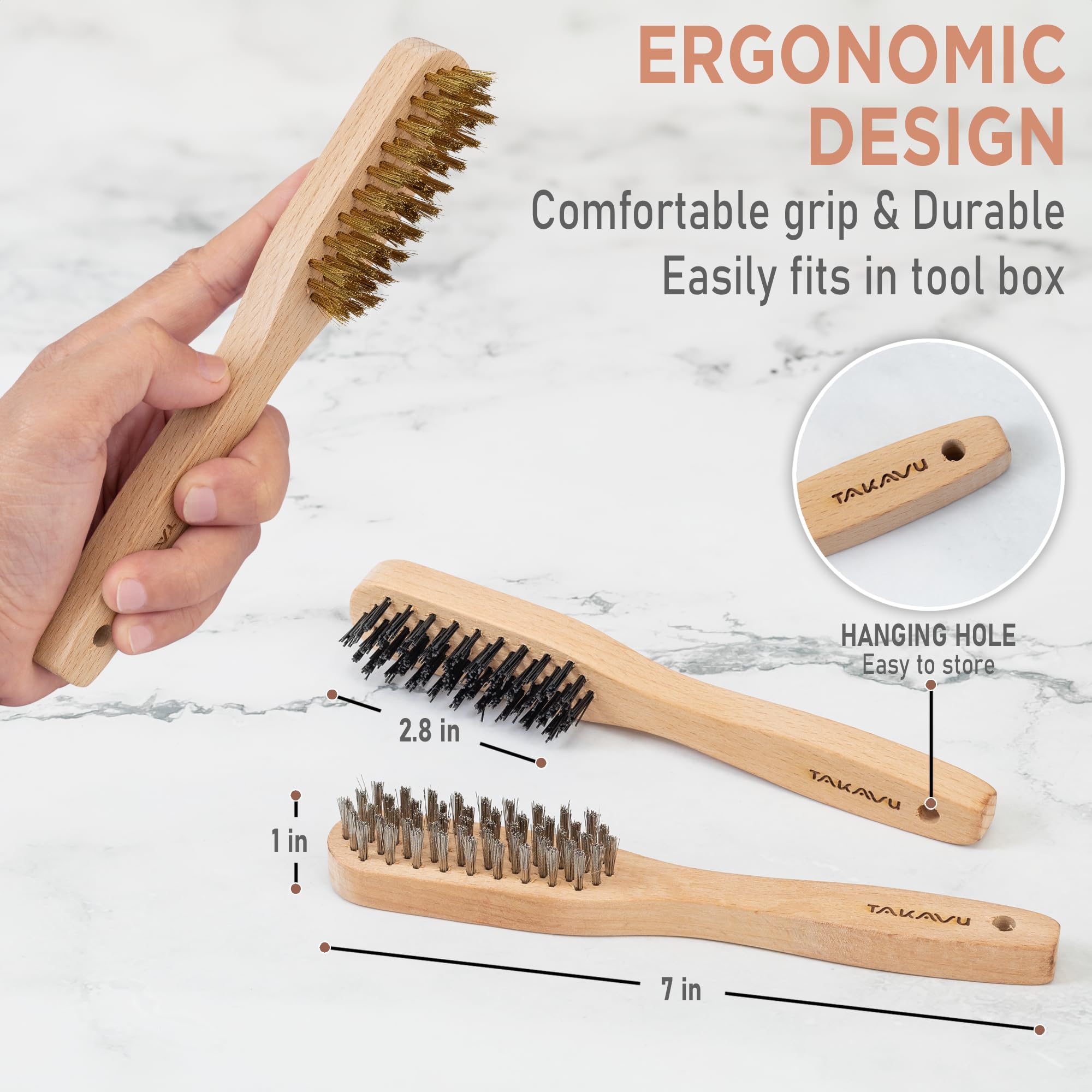 TAKAVU brass-bristle brush for softer metals and non-sparking cleaning.