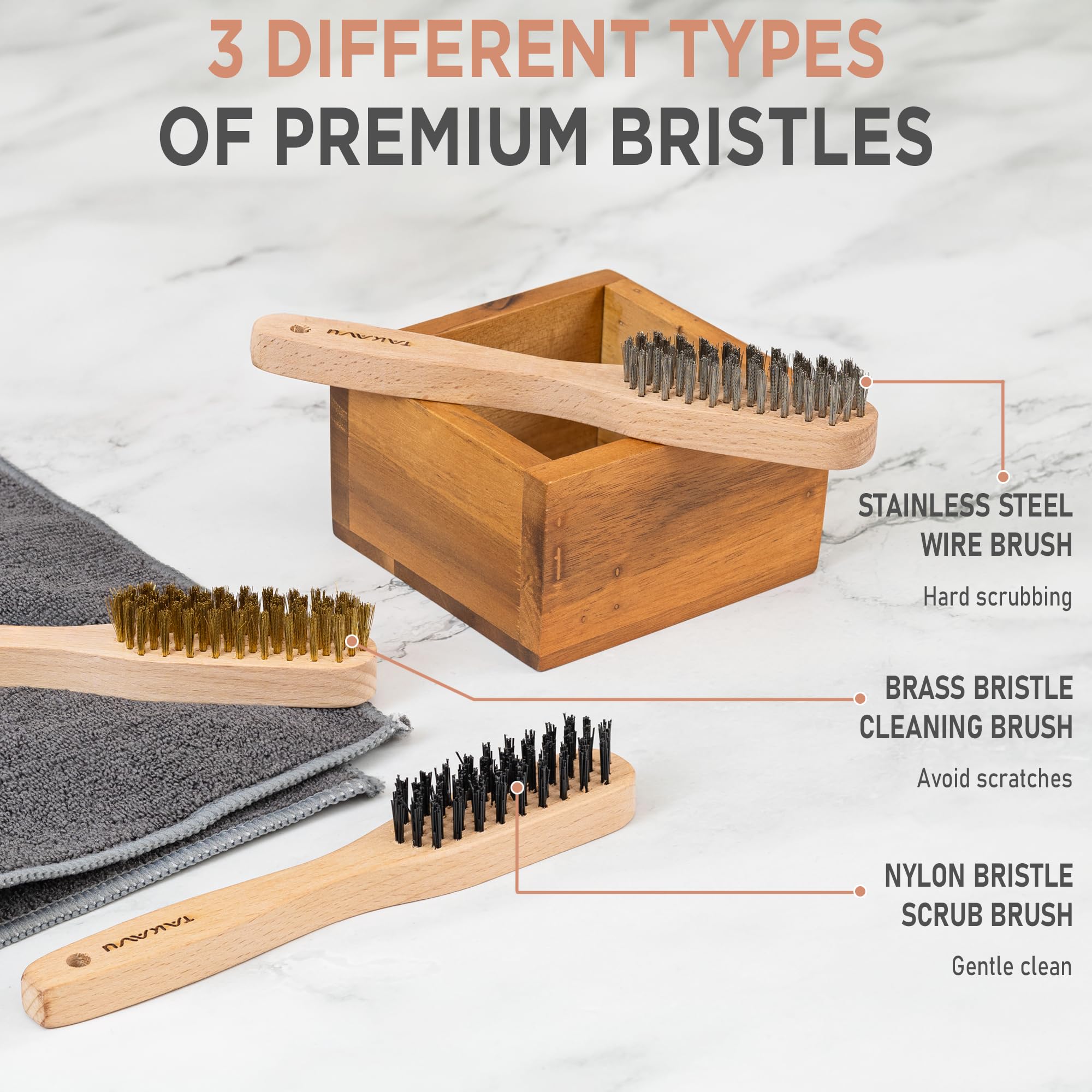 TAKAVU stainless steel brush for heavy-duty rust and paint removal.