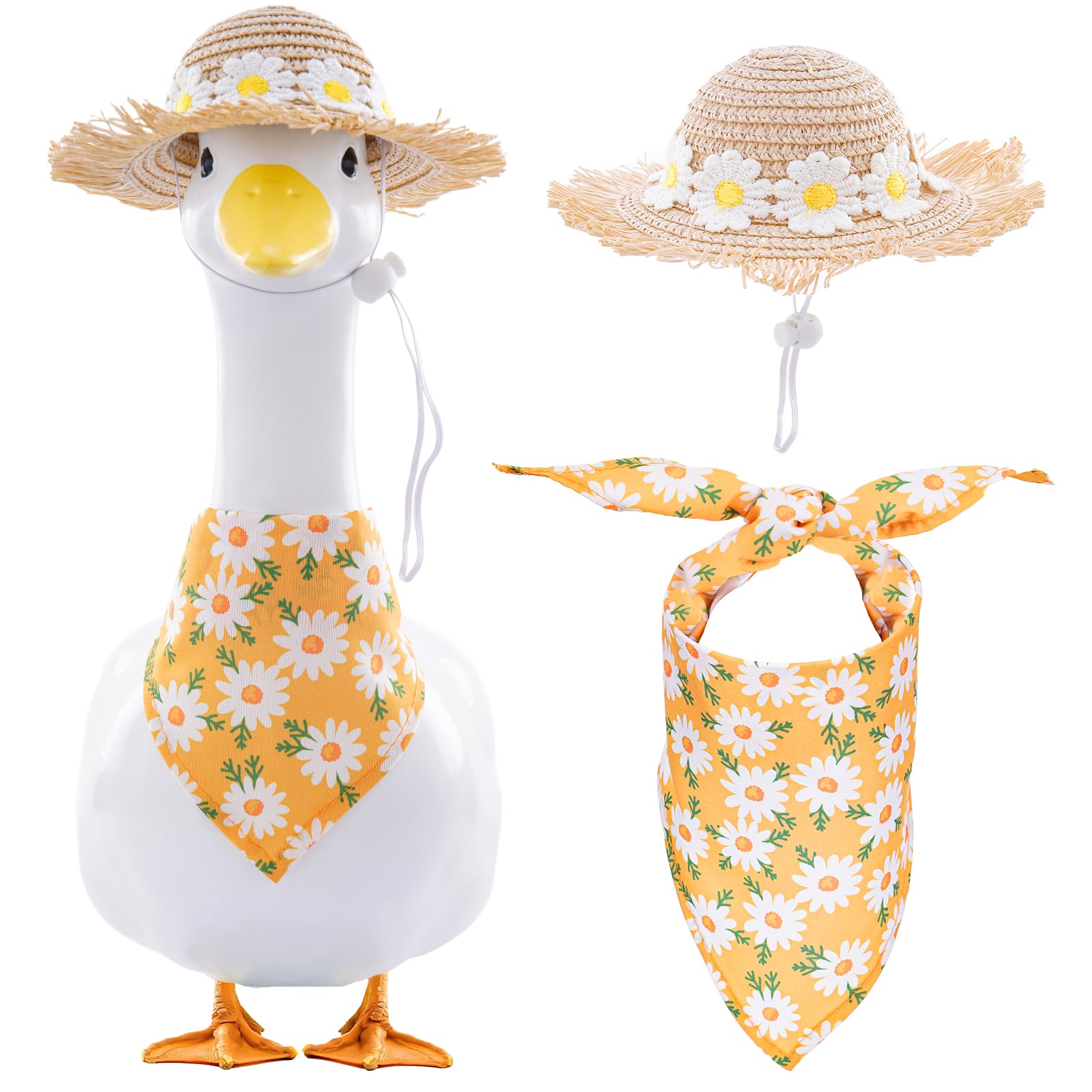 TAKEALOOKO daisy straw hat enhances porch goose statue with sunny, playful charm.