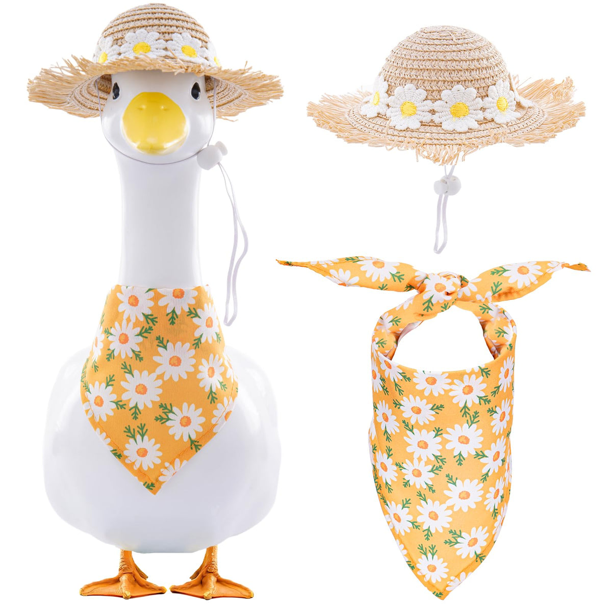 TAKEALOOKO daisy straw hat enhances porch goose statue with sunny, playful charm.