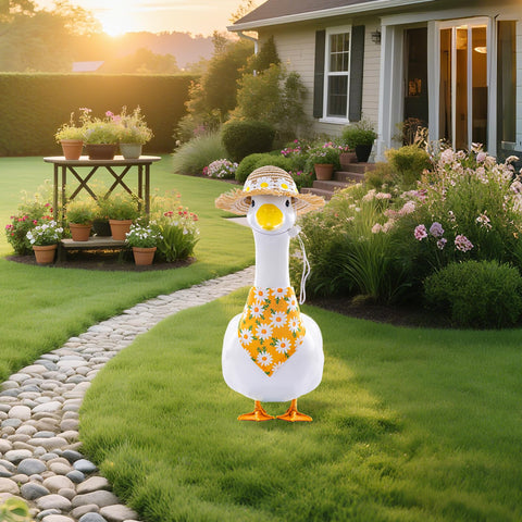 TAKEALOOKO yellow floral bib scarf adds cheerful color to garden goose.