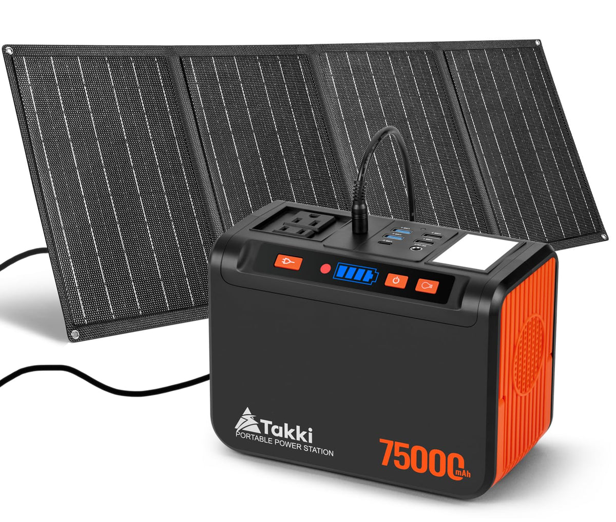 Takki 450W solar generator front view powering devices off-grid during outdoor adventures.