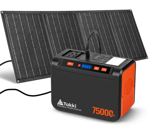 Takki 450W solar generator front view powering devices off-grid during outdoor adventures.