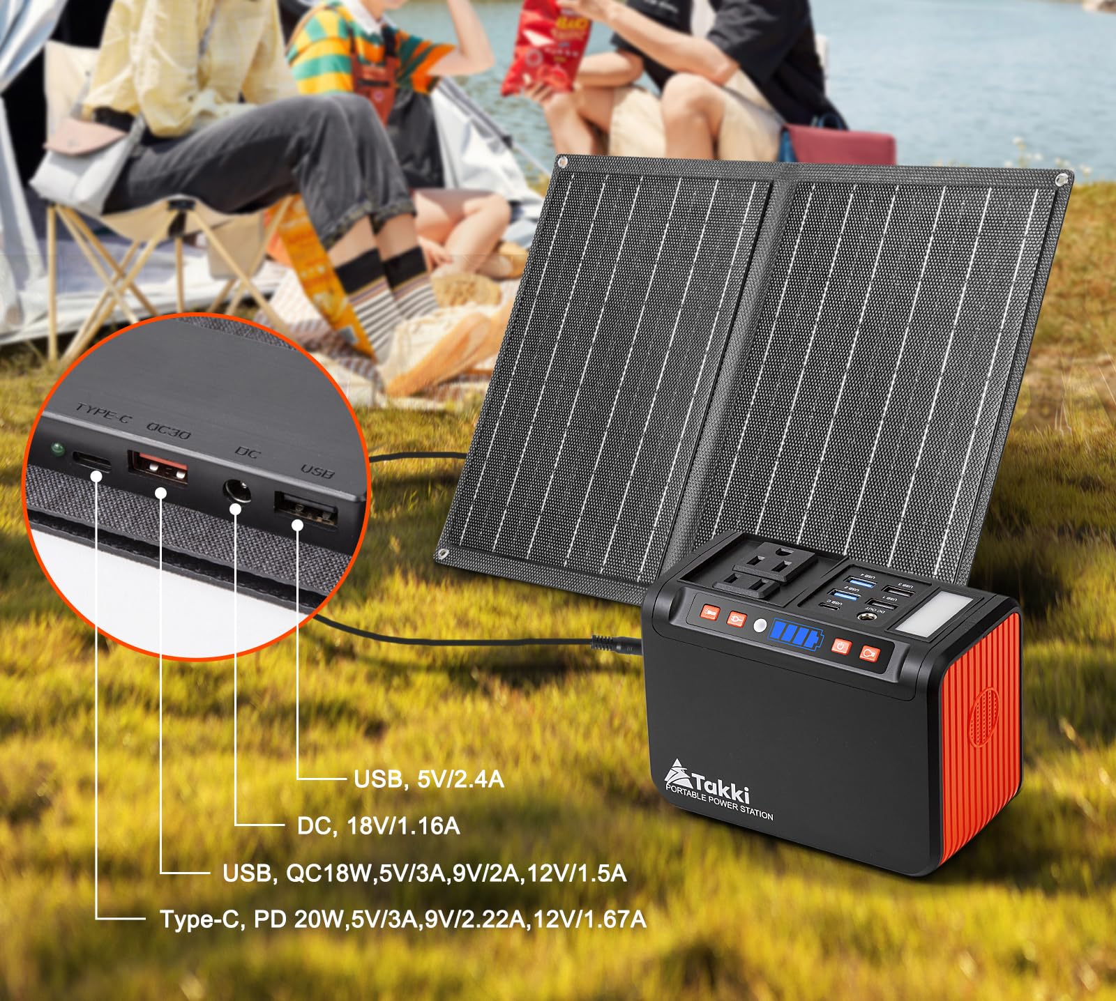 Takki compact power station showing USB and AC ports