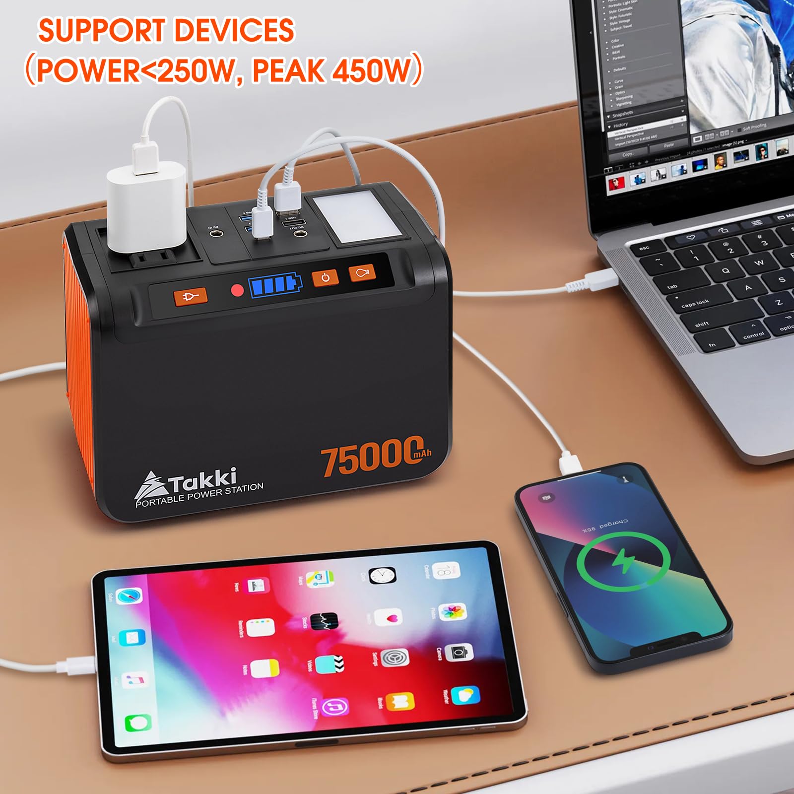 Takki three recharge methods give flexible on-the-go power options.