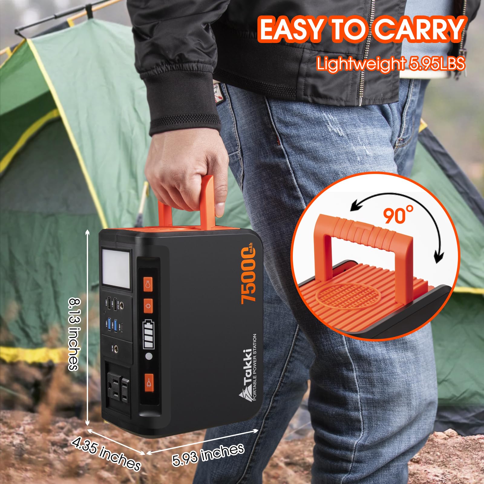 Takki USB and DC ports provide convenient charging for devices.