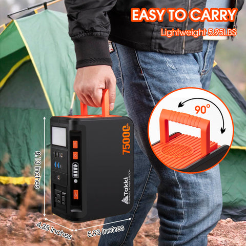 Takki USB and DC ports provide convenient charging for devices.