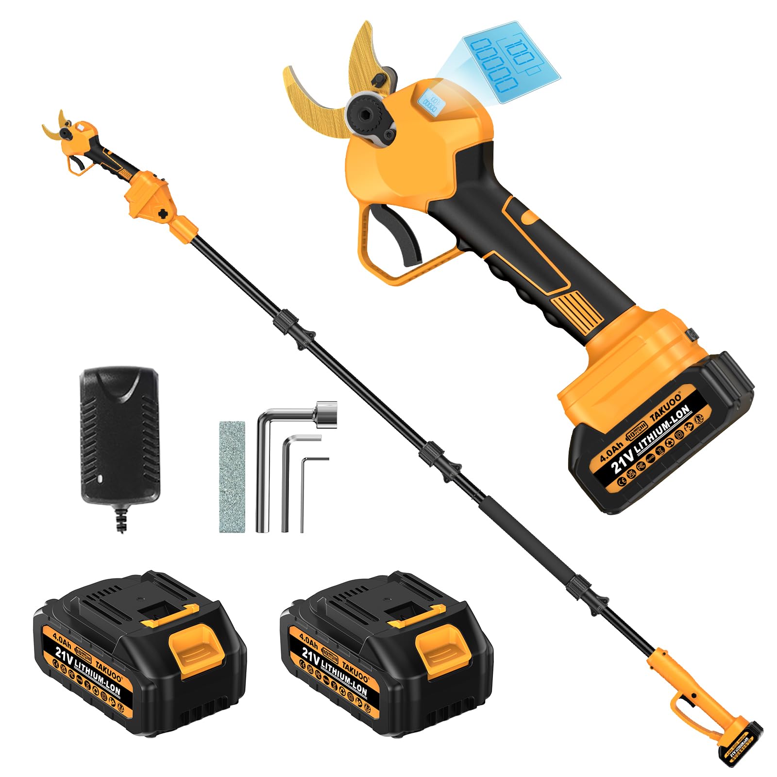 Takuoo 2-in-1 pole pruner cordless in use for ground-level pruning