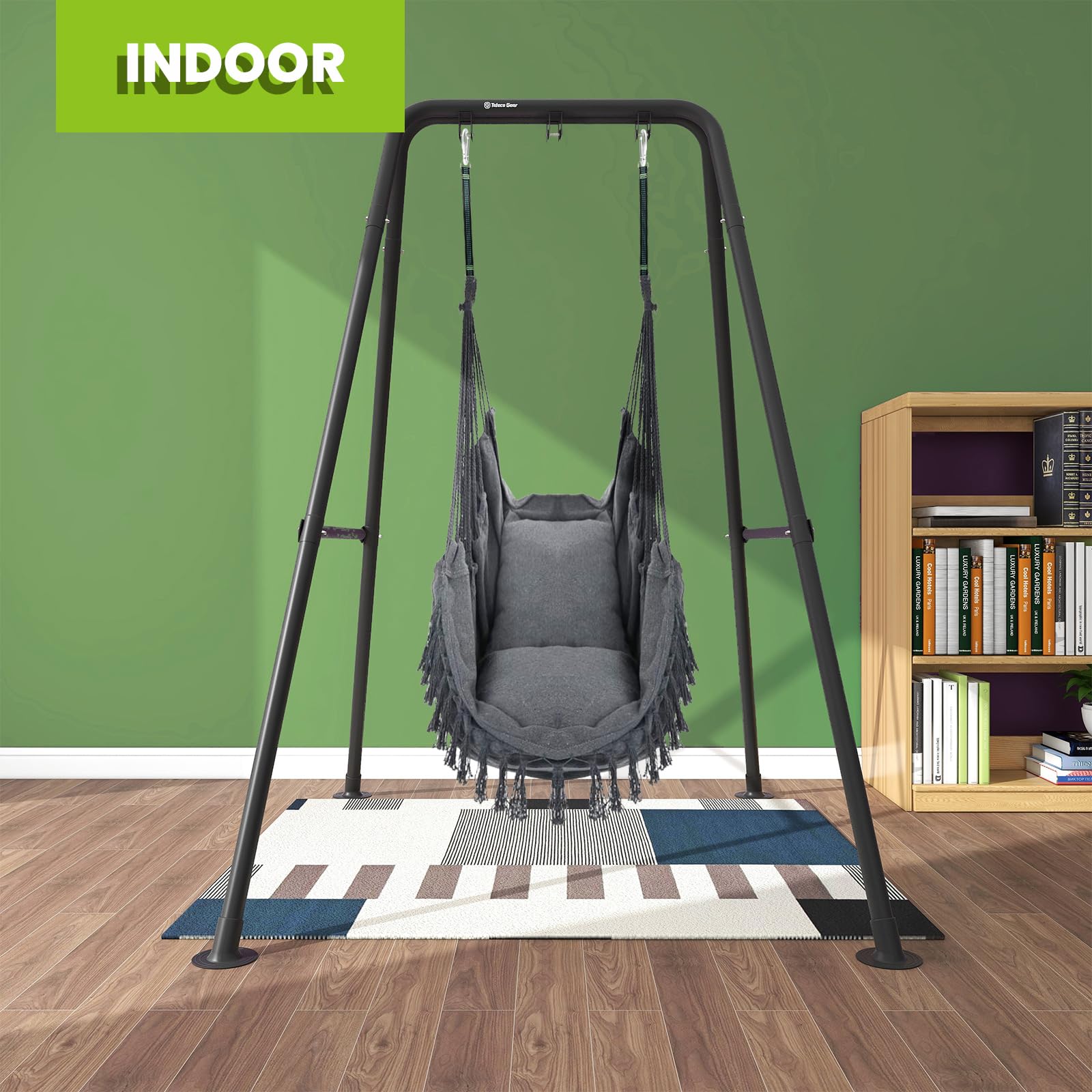 Taleco Gear hammock stand features powder-coated steel for rust resistance in all seasons.