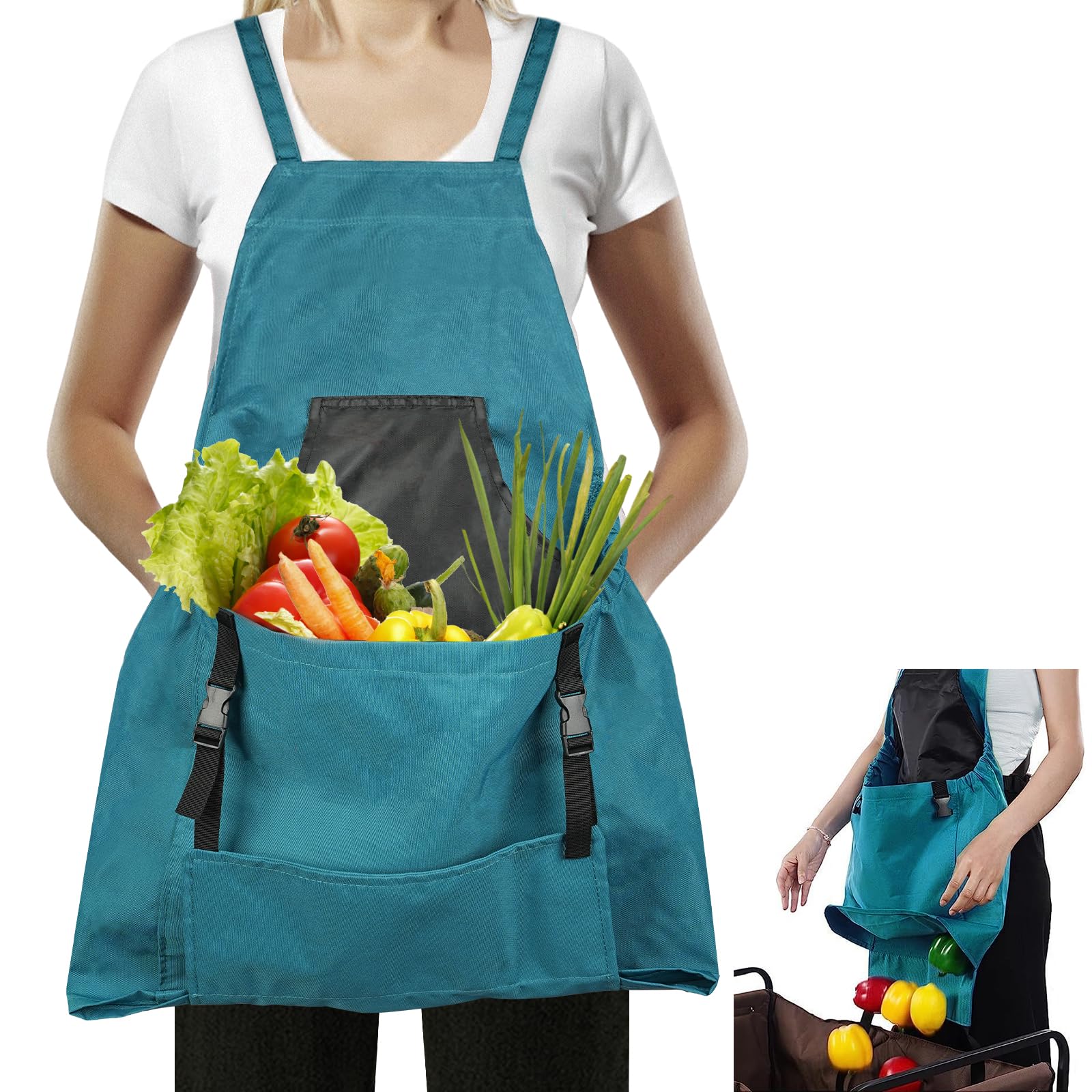Talkson Gardening Apron with quick-release pocket for hands-free harvest unloading.