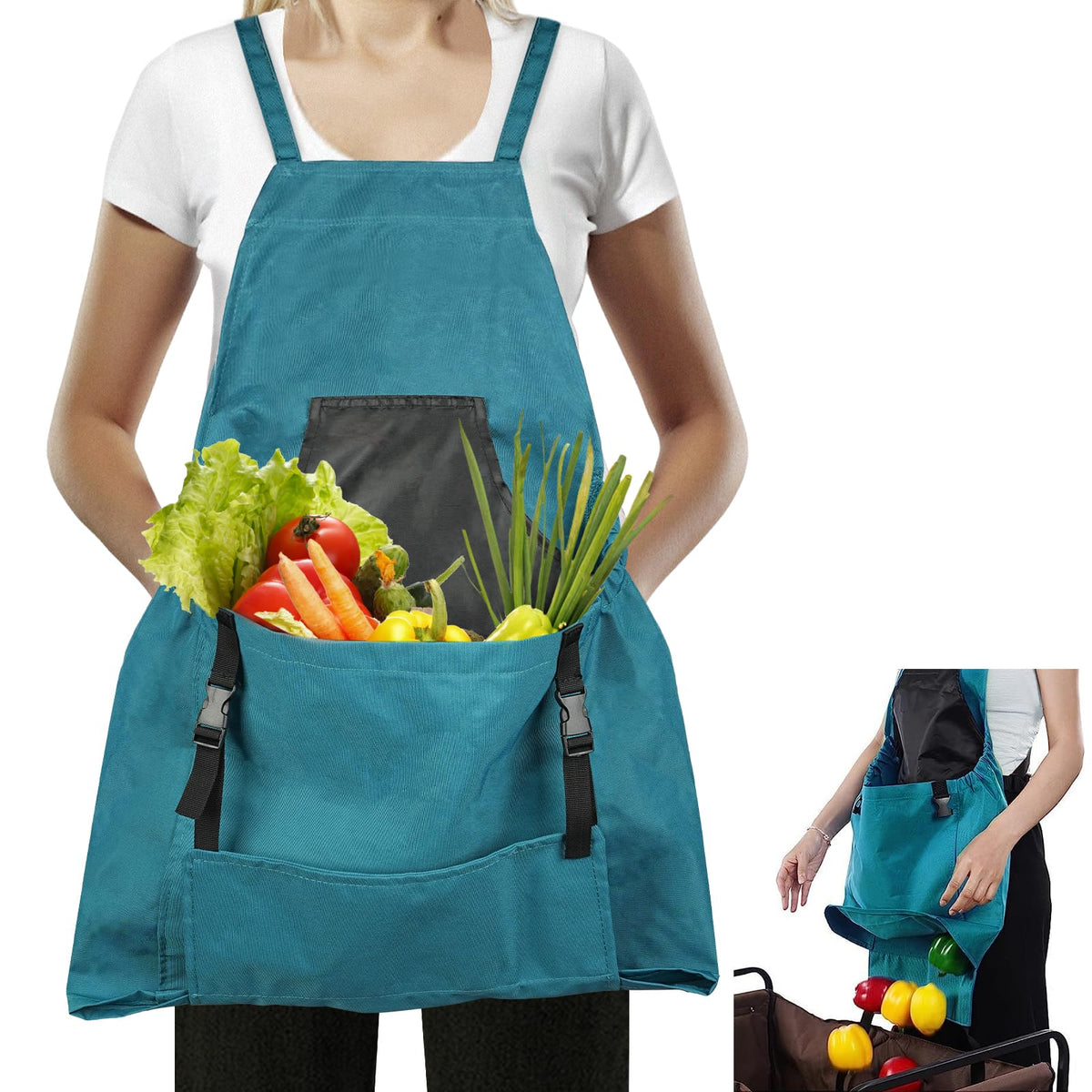 Talkson Gardening Apron with quick-release pocket for hands-free harvest unloading.