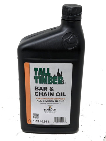 Tall Timber Bar and Chain Oil bottle pour showing tackiness to reduce fling-off.