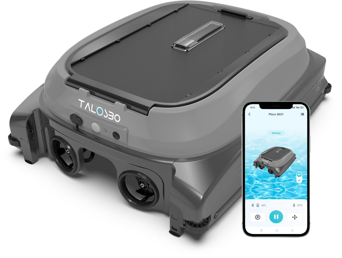 TALOSBO Pleco SK01 solar charging in action, keeps pool free of leaves with eco-friendly power.