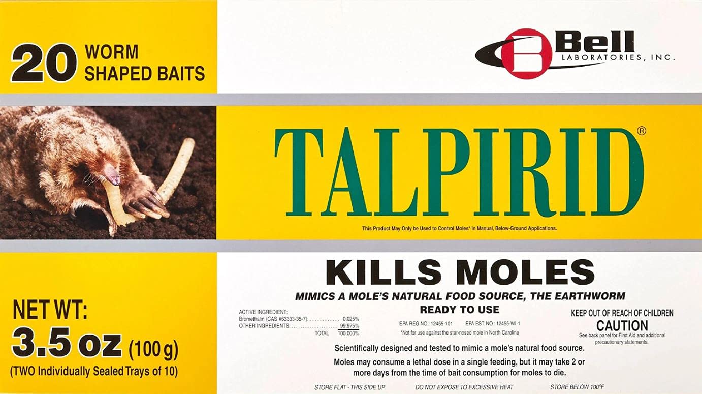 Talpirid worm-shaped mole bait attracts moles in outdoor lawns for targeted control.