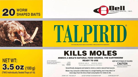 Talpirid worm-shaped mole bait attracts moles in outdoor lawns for targeted control.