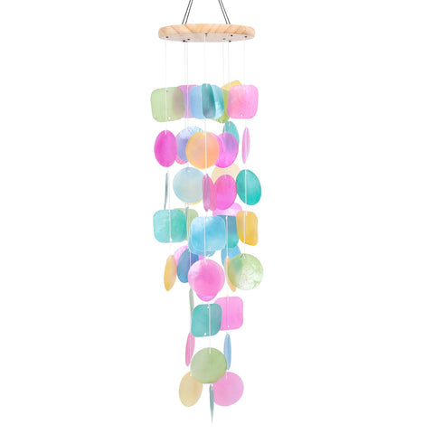 Taman shell wind chime 32in outdoors adds sunlit color and tranquil outdoor ambiance.