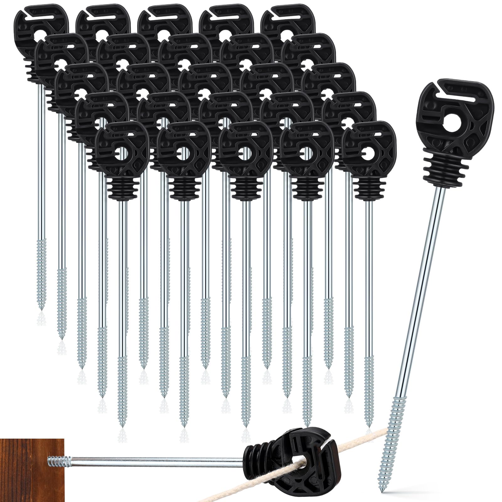 Tandefio long-arm screw-in insulator on wood post for sturdy spacing.