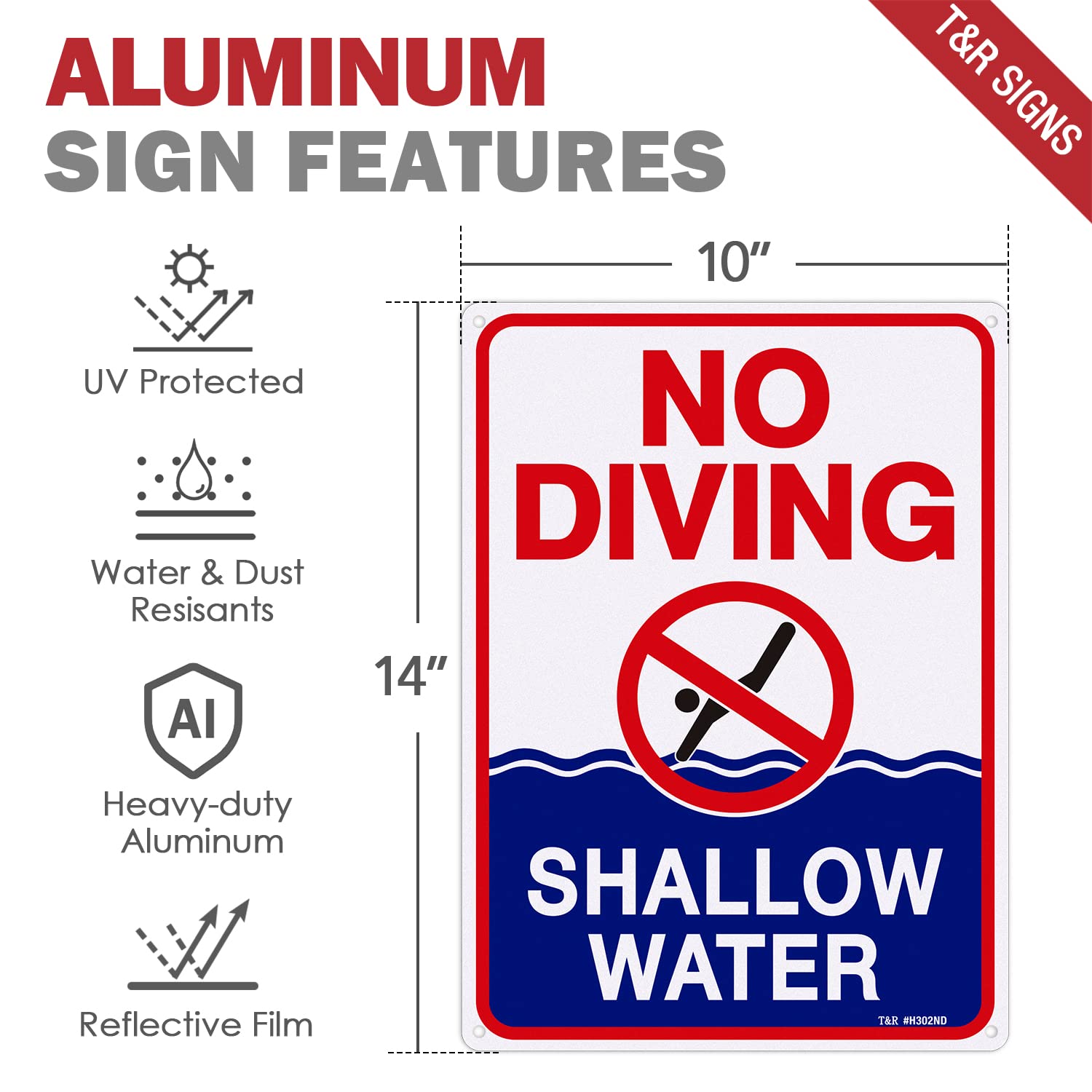 T&R No Diving Sign with four pre-drilled holes ready for quick mounting.